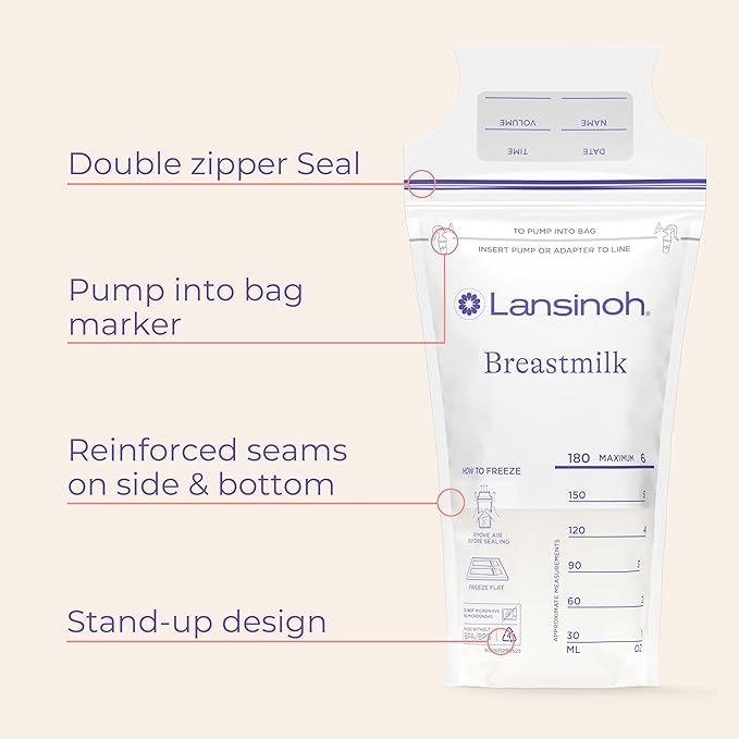 Lansinoh Breastmilk Storage Bags, 50 Count with 2 Pump Adapters, Baby Essentials, Fast Freeze & Thaw Breast Milk Bags for Baby Bottle Feeding, Strength & Stretch, 6 Ounce