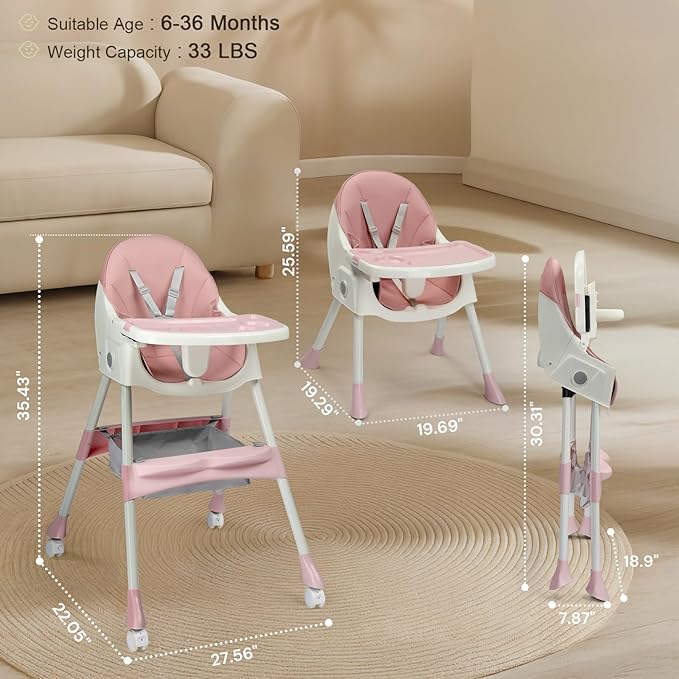 Ktaxon Foldable Baby High Chair, 2-in-1 Portable Convertible Highchair with 5-Point Safety Harness, Easy to Clean Tray and Storage Bag for Toddlers & Babies, Pink