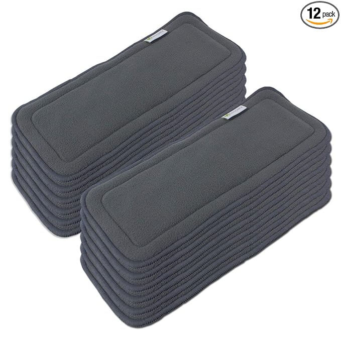 OsoCozy Charcoal Fleece Cloth Diaper Inserts, 5 Layers, 12 Pack, Washable, Soft, Highly Absorbant - Size 2 (5x13.5 inches) - Fits Newborn to 35 lbs