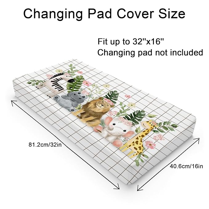 Baby African Safari Animals Changing Pad Cover Lion Elephant Giraffe Hippo Zebra Floral Leaves Baby Changing Table Pad Sheet for Boy Girl Soft Breathable Stretchy Diaper Changing Table Mat 32''x16''
