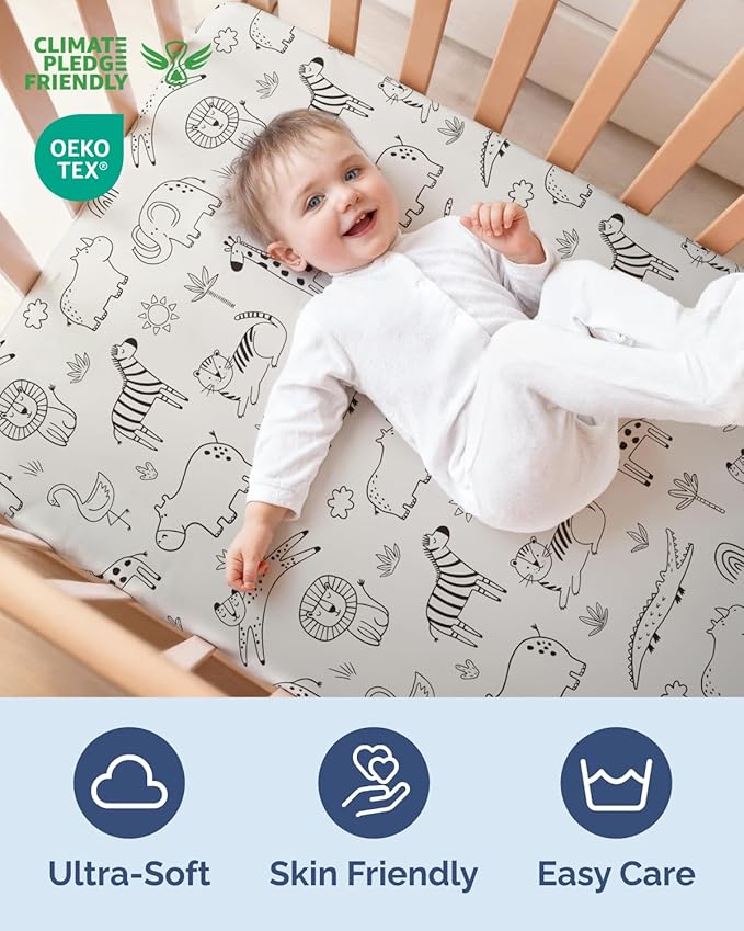2-Pack Mini Crib Sheets Fitted - Pack N Play Sheets for Pack and Play Mattress - Stretchy Soft Microfiber Playard Bedding - Mini Toddler Bed Cover for Boys & Girls - Oeko-Tex - 38 x 24in, Zoo Sketch