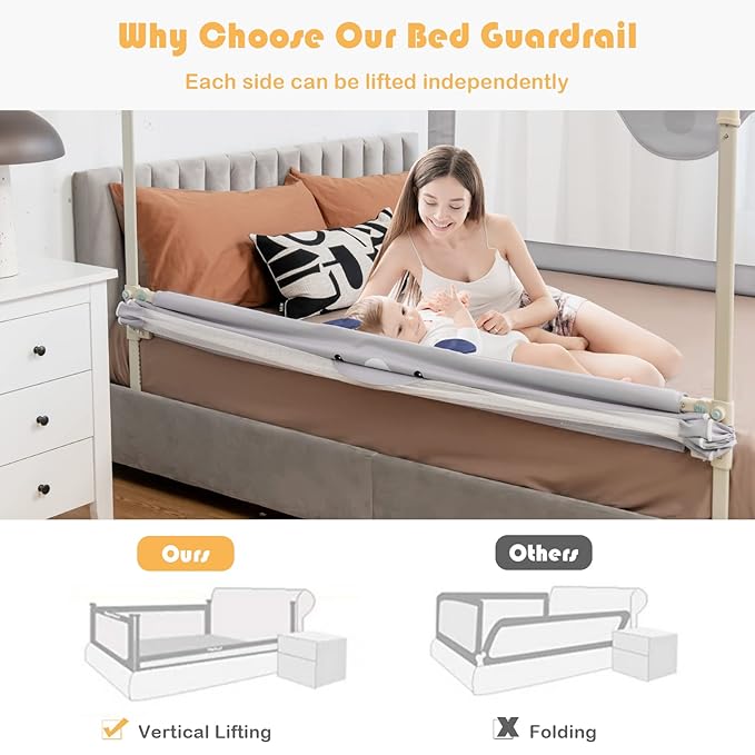 HONEY JOY Bed Rail for Toddlers, 69-in Extra Long, Portable Safety Bed Guardrail w/Double Safety Child Lock, Foldable Baby Bed Rail Guard, Fit King & Queen Full Twin Size Bed Mattress (69 INCH, Gray)