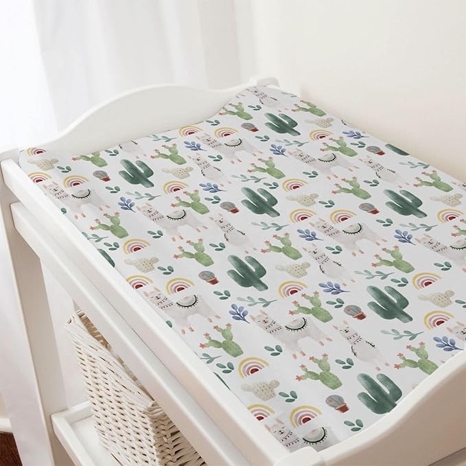 Cute Llama Changing Pad Cover Funny Llama Cactus Leaves Rainbow Diaper Change Table Sheets for Boys Girls Desert Animal Soft Breathable Stretch Fitted Changing Mat Sheets Cover 32''x16''