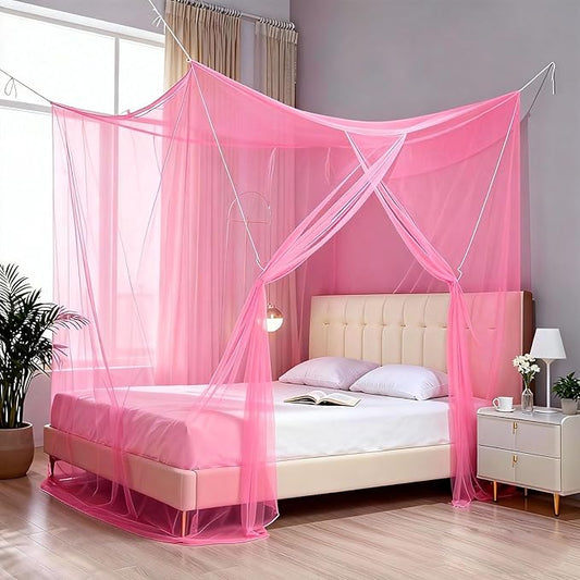 Mosquito Net for Bed - 4 Corner Bed Canopy with Fine Mesh Protection, King Size Bed, Easy Assembly Bug Net for Indoor/Outdoor Use, Camping & Travel