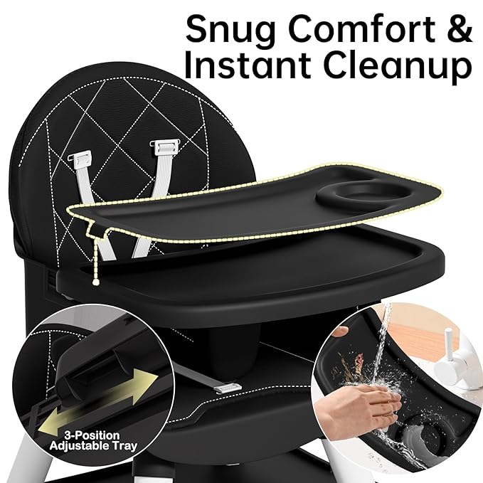 6-in-1 Convertible Baby Highchair, Booster Seat, Toddler Chair & Building Block Table, with Removable Tray, Easy Clean Cushion & 5-Point Harness (Black)