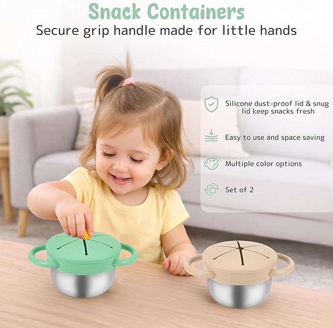 Stainless Steel Snack Containers with Lids, Snack cups with Silicone Food Catcher for Toddlers (Color 3)
