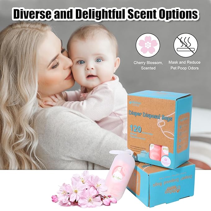 USBOO Disposable Diaper Bags for Baby - 8 Refill Rolls (120 Pack), Disposable Trash Bag with Dispenser - Cherry Blossom Scented, Pink, Ideal for Diaper Disposal