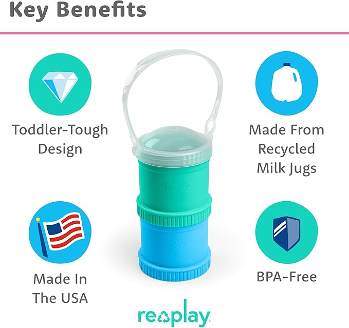 Re-Play Snack Stack Toddler Containers, 2 Sets - Stackable Cups with Travel Lid & Strap for On-the-Go, BPA-Free, Made in USA, Aqua/Sky
