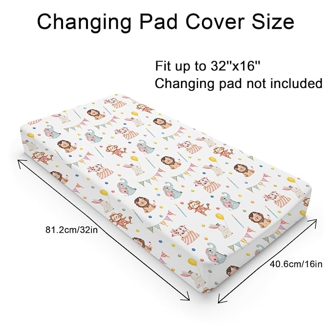 Watercolor Circus Animals Changing Pad Covers Cute Monkey Elephant Rabbit Pig Unisex Diaper Change Table Sheets for Boys Girls Soft Breathable Stretch Changing Mat Sheets Cover 32''x16''