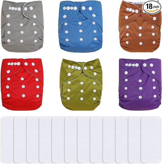 TDIAPERS Cloth Diapers Reusable Washable Pocket Diapers Cover One Size Adjustable for Baby 6 Pack with 12 Inserts