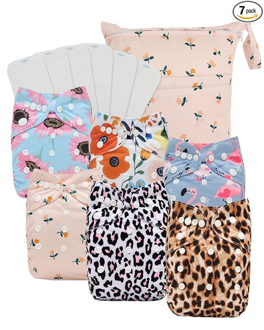 Babygoal Baby Cloth Diaper 6 Pack with 6pcs Inserts and Wet Bag for Fitted Diapers and Prefolds, Adjustable and Reusable Covers for Toddler Boys and Girls