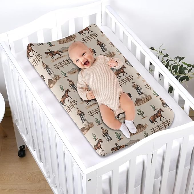 ZDCUSTOM Changing Pad Cover Stretchy Soft Diaper Change Table Sheets Western Cowboy Cactus Changing Table Covers Fits 32"x16" Contoured Pad