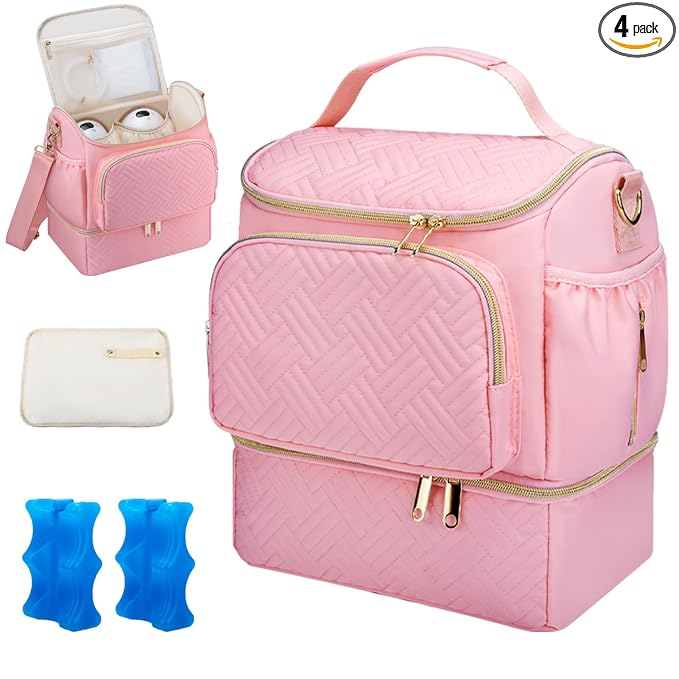 Wearable Breast Pump Bag with Cooler Compartment Compatible with Willow/Elvie/Medela/Momcozy M5/S12 Pro, Breast Milk Cooler Travel Bag with Ice Pack & Mat, Pumping Bags for Work, Pink