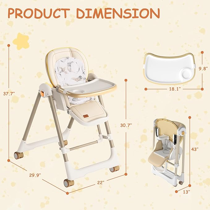 High Chairs for Babies and Toddlers, Foldable High Chair with Lockable Wheels, 4-in-1 Convertible, Adjustable Reclining Seat with Leg Rest & 5-Point Harness, Soft Cushion, Portable When Folded, Beige