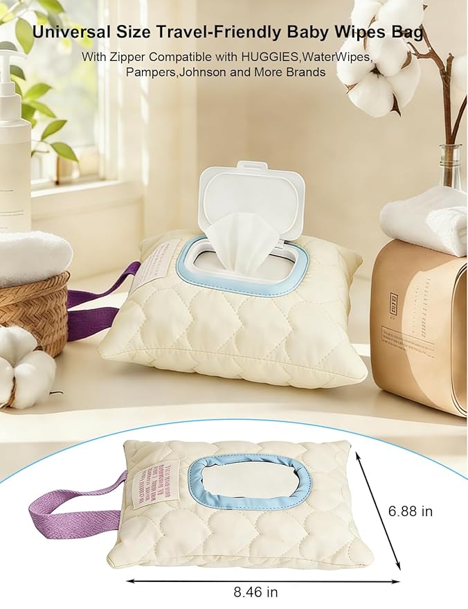 Reusable Baby Wipe Cover Fabric Quilted, Universal Size Travel-Friendly Baby Wipes Bag with Zipper Compatible with HUGGIES,WaterWipes,Pampers,Johnson and More Brands (Light Yellow)
