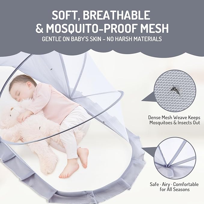 Folding Crib Net Mosquito Net for Baby – Kids Mosquito Netting Mesh Crib Canopy, Crib Blackout Cover with Shade Cover for Toddler Sleeping Outdoors, Travel Portable Baby Bed Tent, Grey, 36x22inch