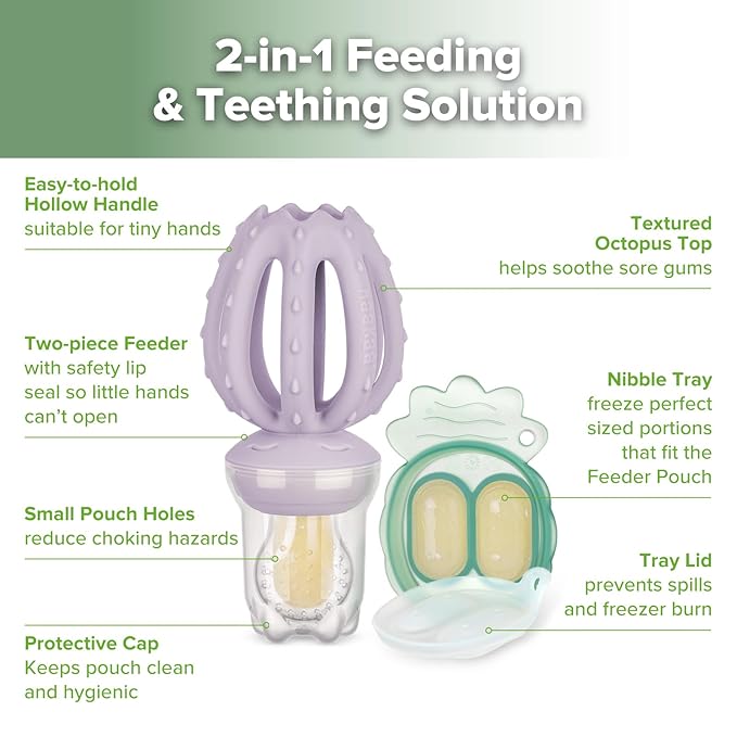 Haakaa Octopus Baby Fruit Food Feeder & Mini Freezer Nibble Tray Combo, Breastmilk Popsicle Molds for Cooling Relief, BPA Free Silicone Feeder for Safe Infant Self Feeding, 4 Month+ (Lavender)