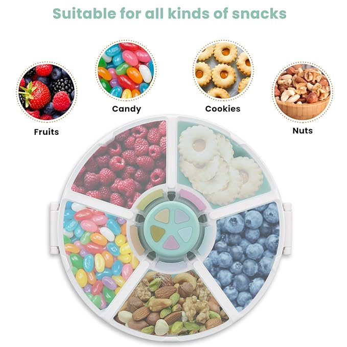Pawtong Snack Rotator Container Reusable Snack Box with 5 Compartment Dispenser and Lid, Color Matching Opening Lid, BPA and PVC Free, for Home, School, Travel (2 Pack- Green)