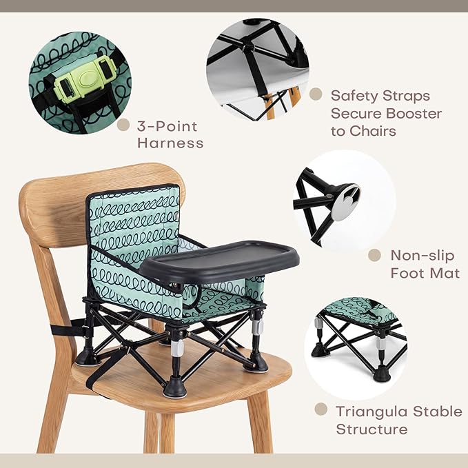 Toddler Booster Seat for Dining Table & Kitchen Chair - Portable Foldable with Removable Tray, Baby Camping Chair 6-36 Months Indoor Outdoor (Green Stripe)