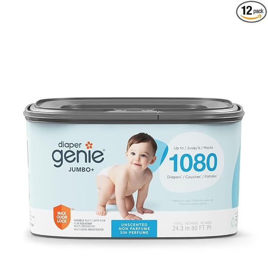 The Diaper Genie Jumbo+ Square Refill,with continuous film,can hold up to 1080 newborn-sized diapers per refill.,(Pack of 12)