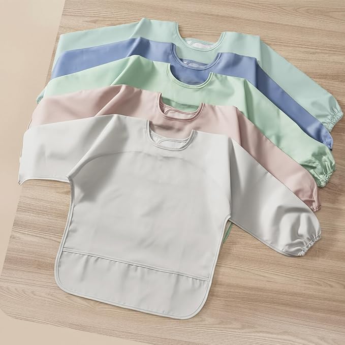 POIKSHARK 4 Pack Long Sleeve Bib, Reusable Bib with Catch-all Pocket