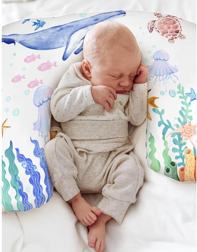 Colorful Ocean Animals Baby Nursing Pillow Covers for Boy Girl Whale Turtle Jellyfish Sea Horse Weeds Nursery Slipcovers for Breastfeeding Pillows Marine Life Soft Stretchy Cover for Newborn Infant