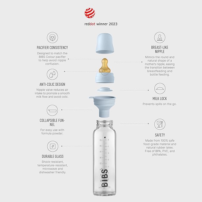 Bibs Baby Glass Bottle | Newborn Anti-Colic Baby Bottles | Borosilicate Glass with a Natural Vented Round Natural Rubber Latex Nipple | Consistent Flow Rate | 7.6 oz/225 ml | 2 Pack | Baby Blue