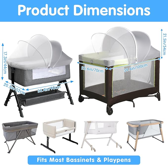 Pack N Play Tent Cover - Light-Blocking Mosquito Net with Two-Way Zipper Portable Bassinet Canopy to Keep Cats Out Bedside Bassinet Insect-Proof Cover, Gray-Large