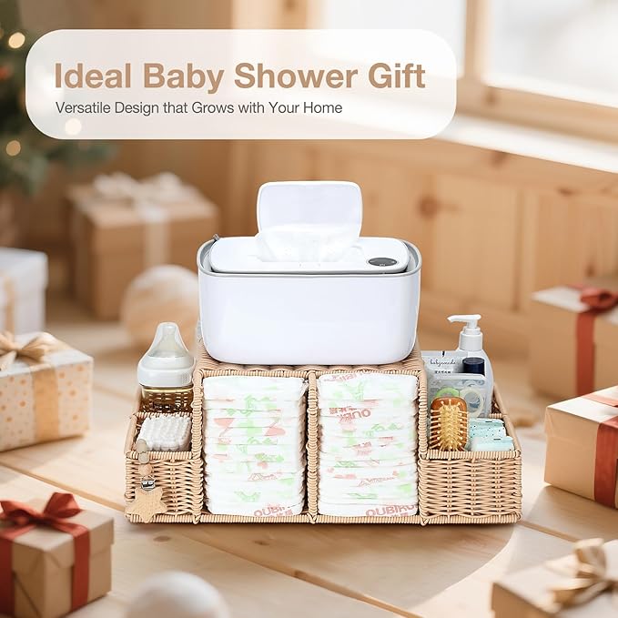 Diaper Caddy Organizer, Hand Rattan Nursery Storage Basket for Baby Essentials, Baby Changing Table Organizer Perfect Nursery Assistant (Natural Woven, L)