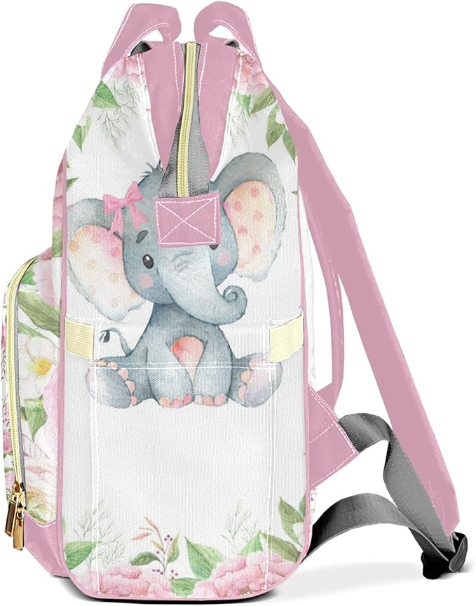 Pink Rose Elephant Diaper Bag Backpack Tote Custom with Name Multifunction Waterproof Travel Back Pack Diaper Bag Gifts Backpack for Men Women 10.8"x7.8"x15.7"