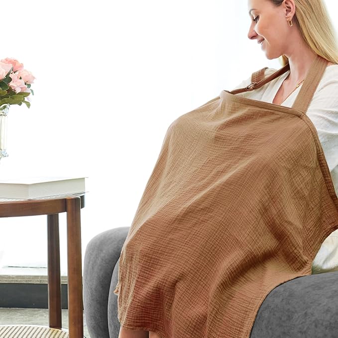 Muslin Nursing Cover for Breastfeeding, Breathable 100% Cotton Privacy Nursing Covers with Rigid Hoop for Mother Nursing Apron, Include Two Baby Bibs, Soft Arch Neckline Nursing Apron