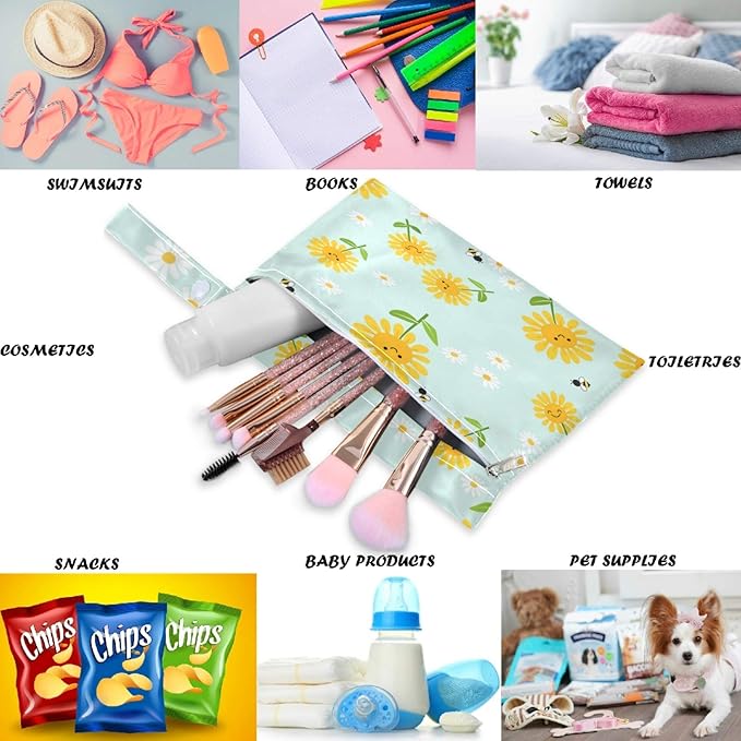 visesunny Sunflower Bee Daisy Green Leaf 2Pcs Wet Bag with Zippered Pockets Washable Reusable Roomy for Travel,Beach,Pool,Daycare,Stroller,Diapers,Dirty Gym Clothes, Wet Swimsuits, Toiletries