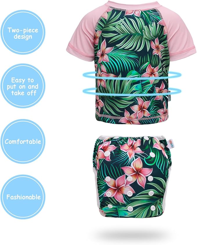 ALVABABY Baby Girl Swimsuit, 2-Piece Infant Toddler Bathing Short Sleeve Swimwear, Small Baby Reusable Swim Diaper with Matching Top