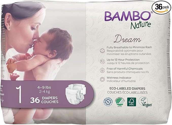 Bambo Nature Premium Eco-Friendly Baby Diapers, Size 1 (4-9 Lbs), 36 Count