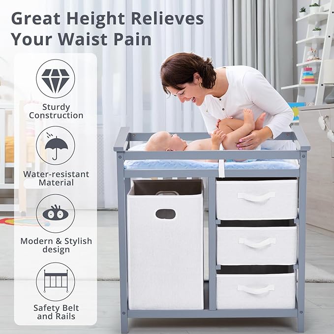 Garvee Wooden Baby Changing Table,Modern Diaper Changing Table,Infant Diaper Station Dresser with Laundry Hamper, 3 Drawer Basket- Storage Organizer for Baby Clothes, Diapers & Toys