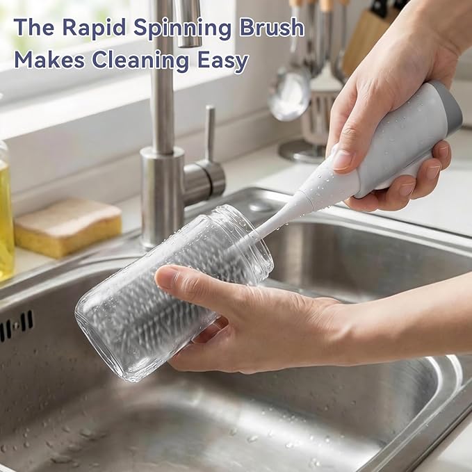 Baby Bottle Brush Set, Innovative Efficient Press-to-Spin Brush Cleaner - Includes Silicone Bottle Brush, Nipple Brush, Straw Cleaner - Spinning Generates Rich Foam for Deep Cleaning, Gray