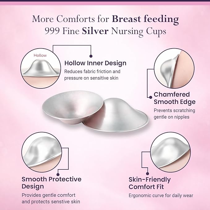 999 Pure Silver Nursing Cups for Breastfeeding – Silver Nipple Covers Breastfeeding Moms Use, Silver Nipple Shield & Nursing Cups for Sore, Sensitive Nipples, Reusable Silver Cups Breastfeeding Care