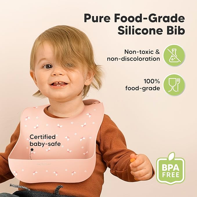 KeaBabies 2-Pack Silicone Bibs for Babies, Toddlers Girl, Boy – Sturdy Food-Grade Baby Bibs for Eating, Large Food Catcher, Clean & Put On Easily, Waterproof Toddler Feeding Essentials (Butterflies)