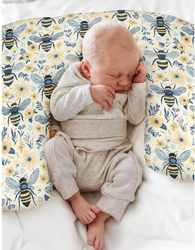Bees Flowers Nursing Pillow Covers for Boy Girl Vintage Bees Boho Wildflowers Nursery Slipcover for Breastfeeding Pillows Bee Floral Spring Summer Soft Stretchy Removable Covers for Newborn Infant