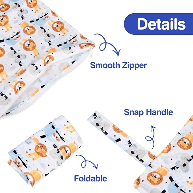 Mess-Proof Waterproof Wet Dry Bag,2 Pack Reusable Wet Bags for Swimsuits& Baby Clothes,Leakproof Wet Bag for Travel & Diaper Changes for Baby-Dinosaur,Lion