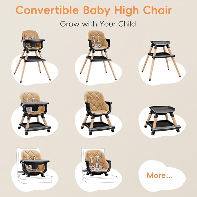 Babyliebe Baby High Chair, 8 in 1 Convertible Wooden High Chair for Babies and Toddlers, Converts to Booster Seat, Toddler Chair & Stool, with Removable Double Tray, Adjustable Legs & Footrest (Brown)