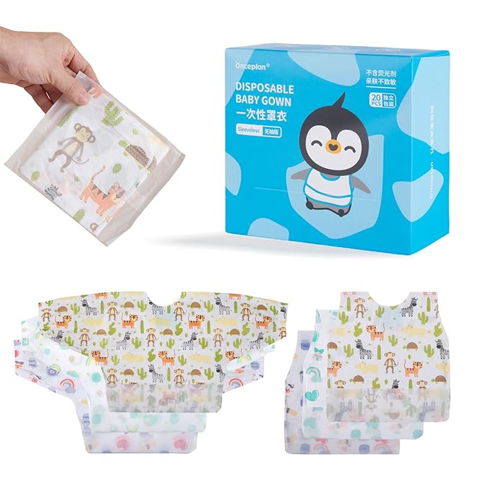 Disposable Baby Gown,20 Pcs Bib Shirt, Individual Pack, 15.35’’ x 14.57’’ Sleeveless Bib, Baby Eating Smock (Green Rainbow, Sleeveless Style)