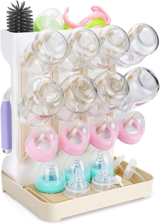 Baby Bottle Drying Rack: Space Saving Vertical Bottle Drying Holder with Brushes Holder - Large Bottle Storage Holder Organizer 12 Bottles & Baby Accessories,BPA-Free, Beige