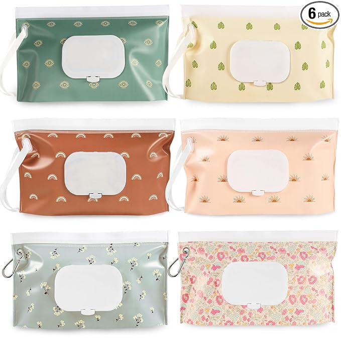 FEBSNOW 6 Pack Baby Wipes Dispenser, Portable Refillable Wipe Holder, Baby Wipes Container, Reusable Wipes Case, Baby Travel Wet Wipes Pouch (Morandi Color)