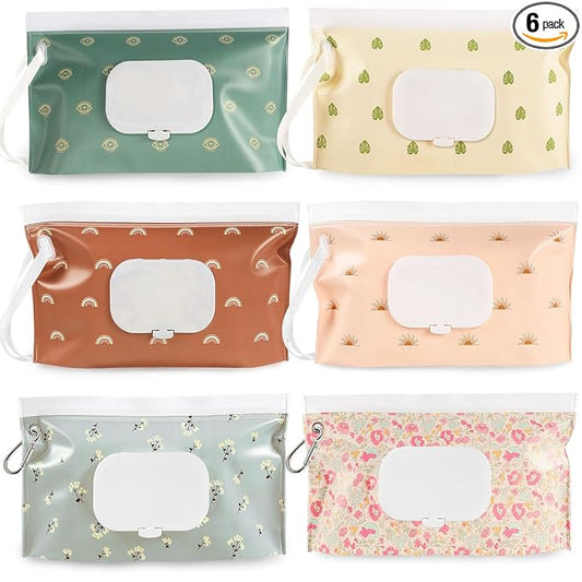 FEBSNOW 6 Pack Baby Wipes Dispenser, Portable Refillable Wipe Holder, Baby Wipes Container, Reusable Wipes Case, Baby Travel Wet Wipes Pouch (Morandi Color)