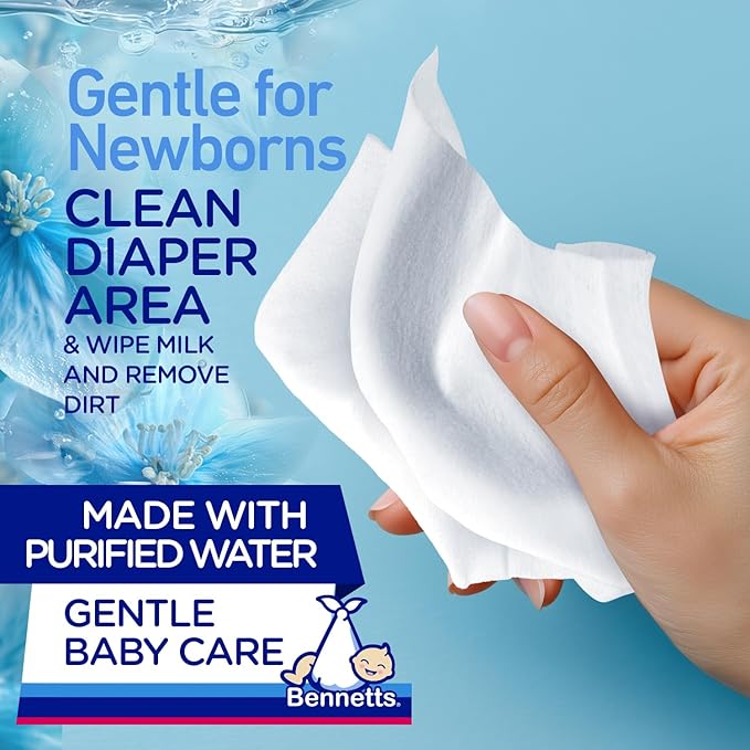 Bennetts Baby Wipes – 80 Wipes (6-Pack) – Purified Water Wipes for Newborns & Infants – Extra-Gentle Cleansing for Face, Hands & Nappy Area