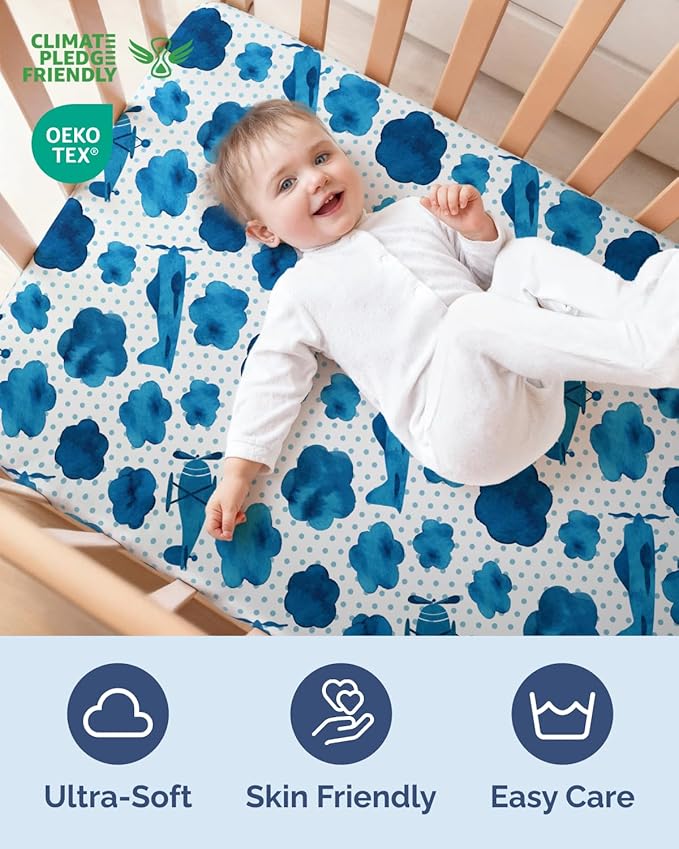 Baby Crib Sheets for Boys & Girls - Pack of 2 Fitted Microfiber Crib Sheets for Standard Crib & Toddler Mattress - Soft, Breathable & Wrinkle Free - Machine Washable, Oeko Tex - 52x28x8in - Plane Sky