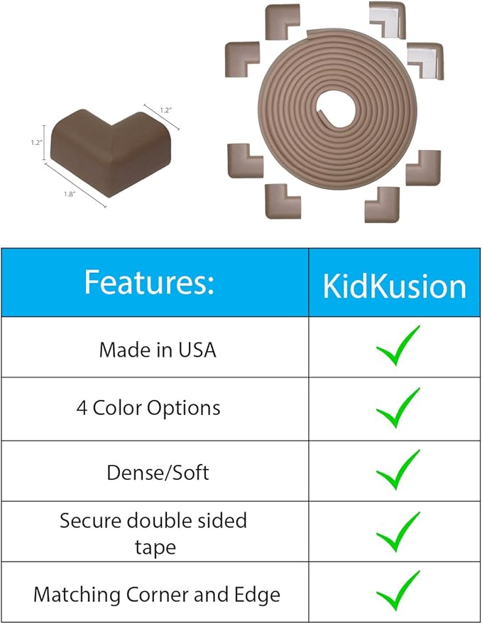 Kidkusion Table Cushion | Made in USA | 20 Foot Edge + 8 Corners | Brown | Baby Proof Furniture Edge and Corner Guards