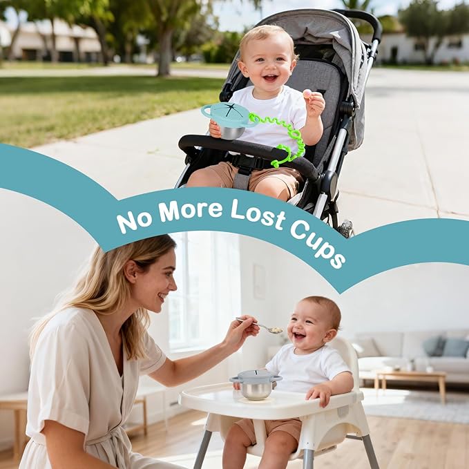2 Pack Toddler Snack Cups — 5-in-1 Snack Cups for Toddlers Spill Proof with Suction Cup and Anti-Loss Rope, Detachable Stainless Steel Cups with Silicone Lids & Handles (Light Blue and Light Grey)