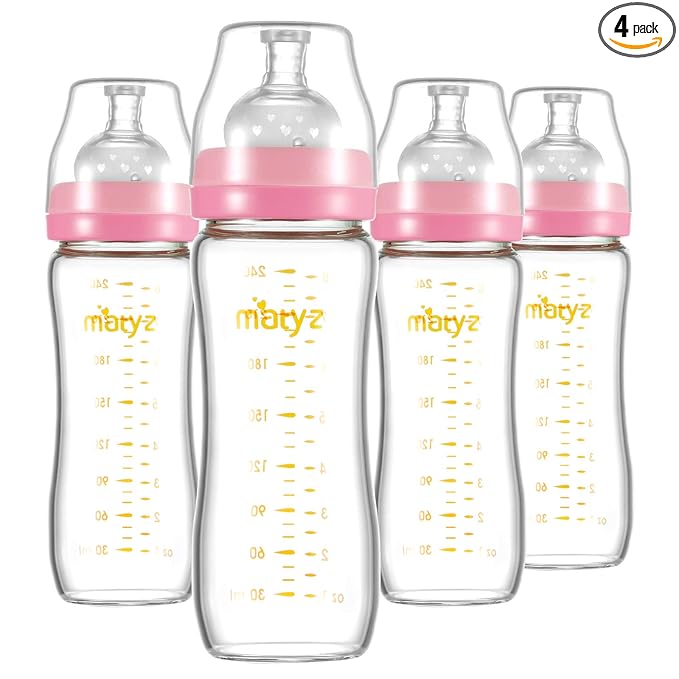 Matyz Glass Breastmilk Baby Feeding Bottle with Nipple, 4 Pack, 8 oz Slim and Light Bottle Easy to Hold, Food Grade Borosilicate Glass, Wide Neck Easy to Clean, No BPA (Pink Lids)